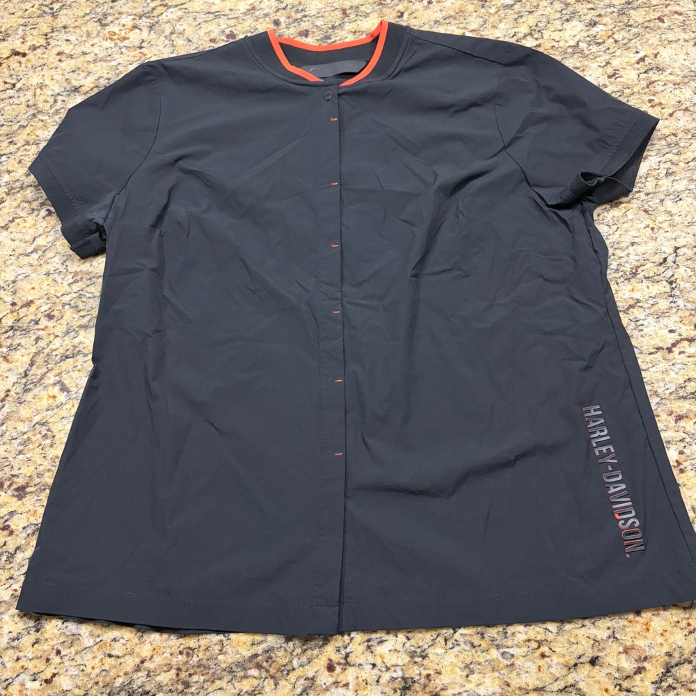 Harley-Davidson Mens 2XL Black Orange Short Sleeve Button Up Shirt Logo Tech ws